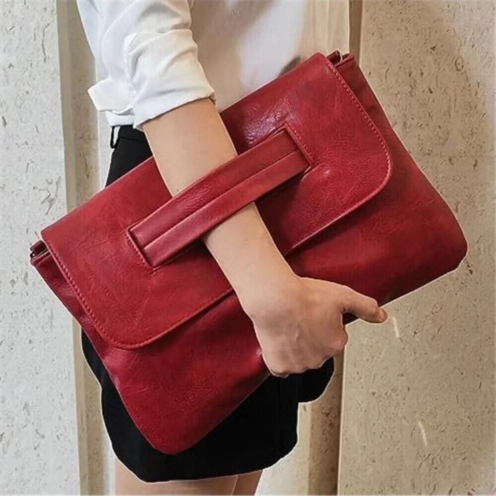 Women Handbags Red Vegan Leather Clutch Handbag Messenger Bag Large Solid High